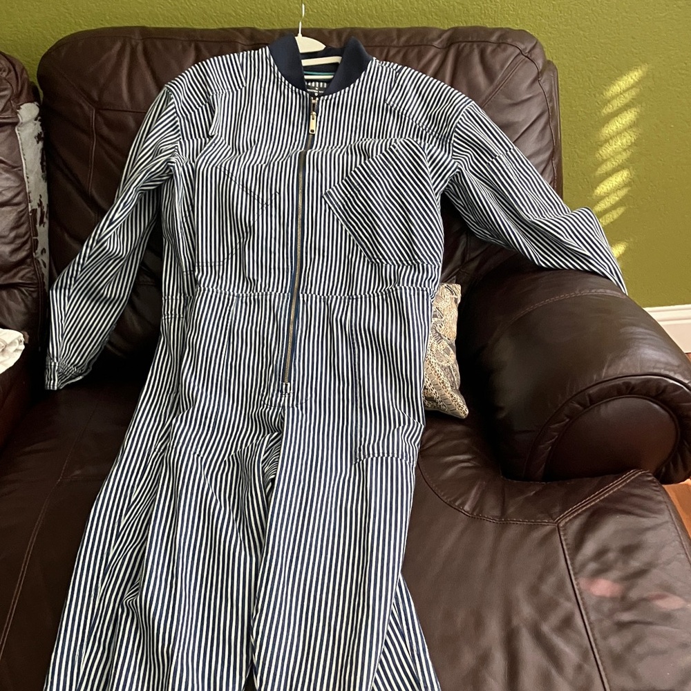 Striped Bomber-Style Jumpsuit - Navy & White